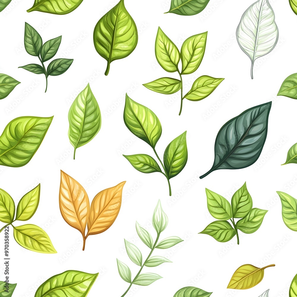 Seamless Pattern of Diverse Natural Leaves in Vibrant Green Tones on Clean White Background Seamless Pattern of Diverse Natural Leaves in Vibrant Green Tones on Clean White Background