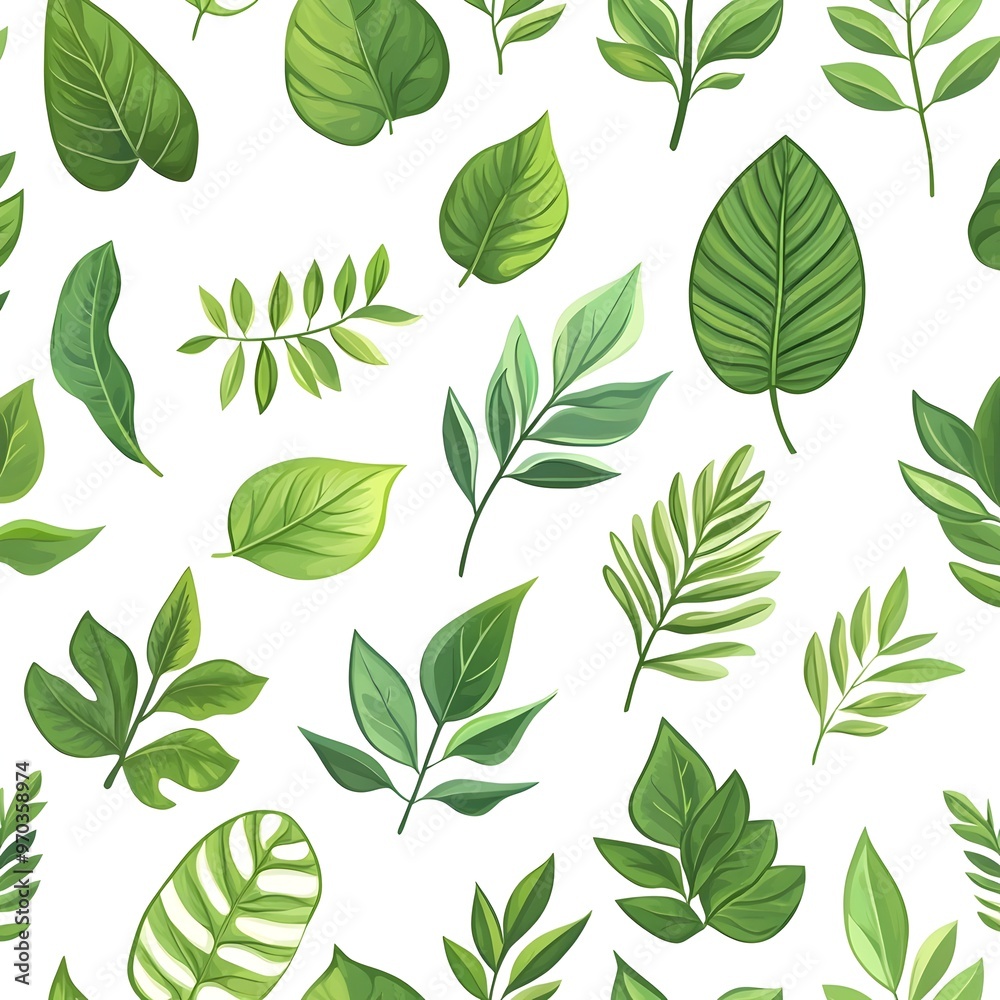 Fototapeta premium Seamless Pattern of Diverse Lush Green Leaves on Minimalist White Background