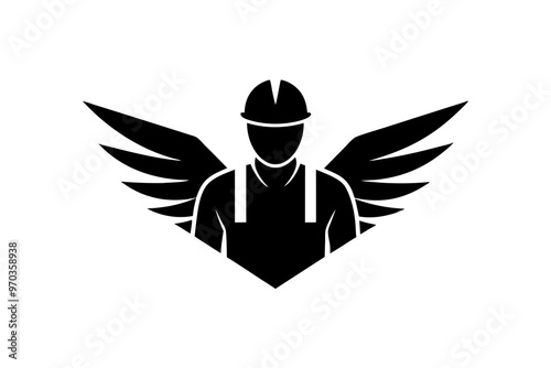  Construction worker angel icon logo. line art. silhouette black color, vector illustration photo