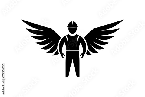  Construction worker angel icon logo. line art. silhouette black color, vector illustration photo