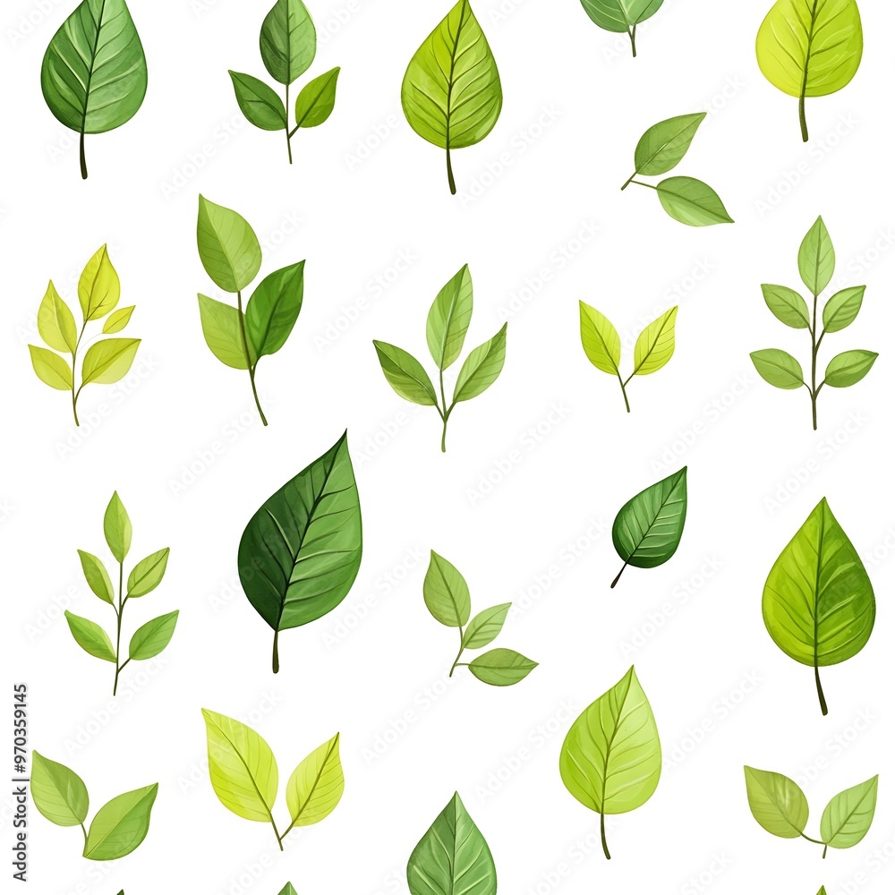 Seamless pattern of various natural and fresh green leaves on a white background Seamless pattern of various natural and fresh green leaves on a white background