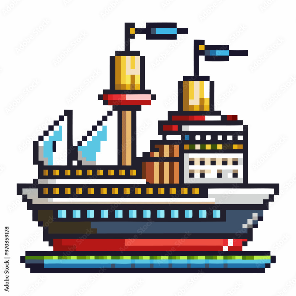 Colorful Pixel Art Cruise Ship Illustration with Masts and Flags Colorful Pixel Art Cruise Ship Illustration with Masts and Flags