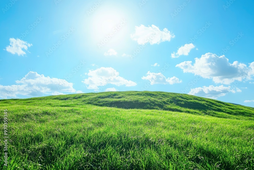 Obraz premium Green Land, Blue Sky, Summer Sunny Day Background, Wide View Of Lawn Hill and Blue Sky , ai