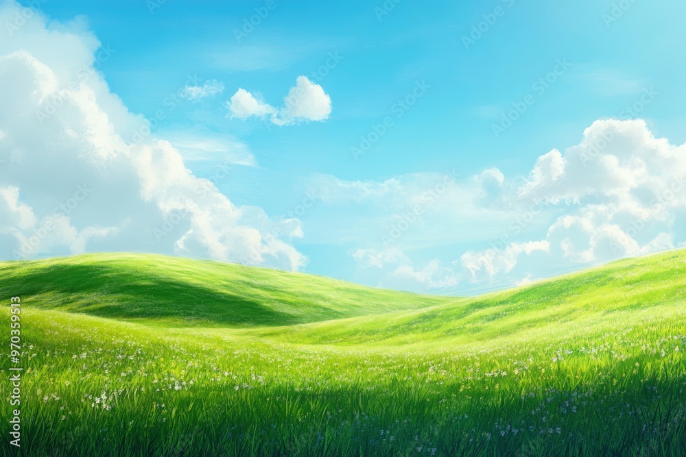 Fototapeta premium Green Land, Blue Sky, Summer Sunny Day Background, Wide View Of Lawn Hill and Blue Sky , ai