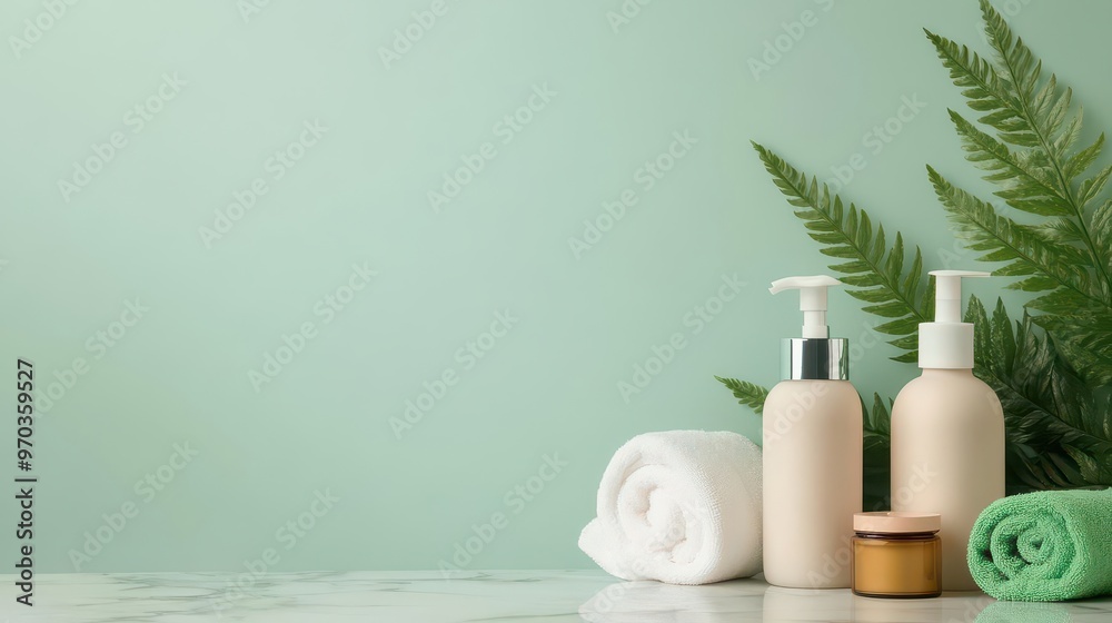 A soft and soothing display of spa products on a marble surface with fresh green accents, spa products, marble, green