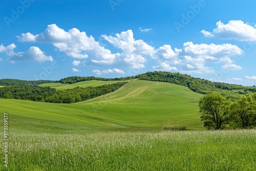 Green Land, Blue Sky, Summer Sunny Day Background, Wide View Of Lawn Hill and Blue Sky , ai