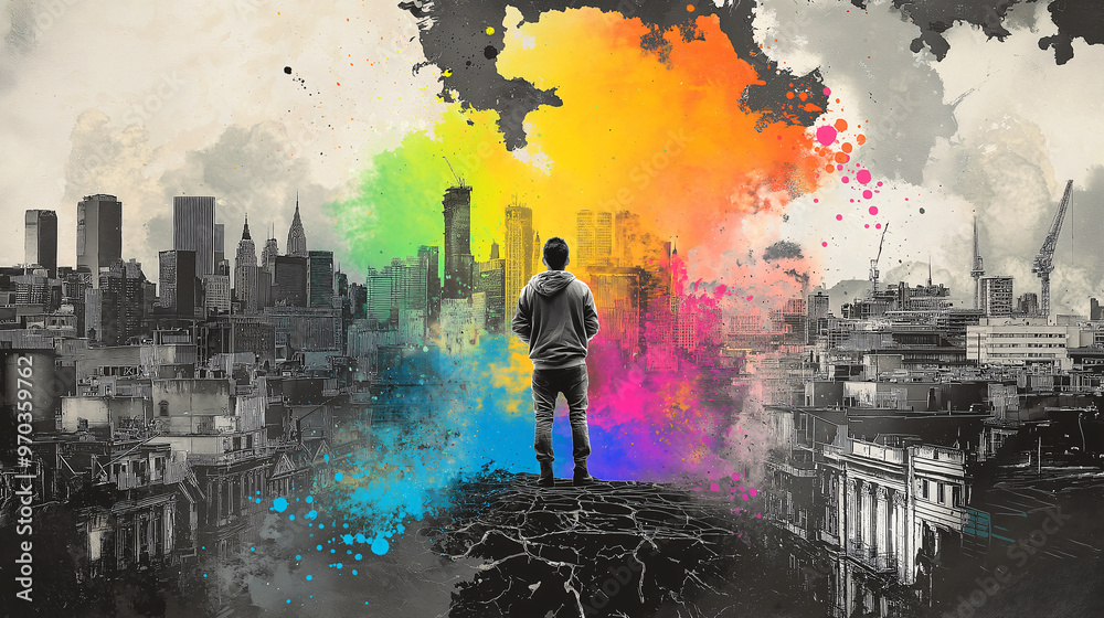 A person stands on cracked surface, gazing at vibrant rainbow explosion against city skyline. This symbolic portrayal reflects hope and creativity amidst urban challenges A person stands on cracked surface, gazing at vibrant rainbow explosion against city skyline. This symbolic portrayal reflects hope and creativity amidst urban challenges