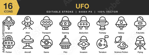 Ufo icon set. Editable Stroke Icon Collection. Includes flying, galaxy, game, invasion, science fiction, transport, and More. Outline icons vector collection.