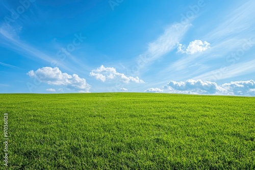 Green Land, Blue Sky, Summer Sunny Day Background, Wide View Of Lawn Hill and Blue Sky , ai