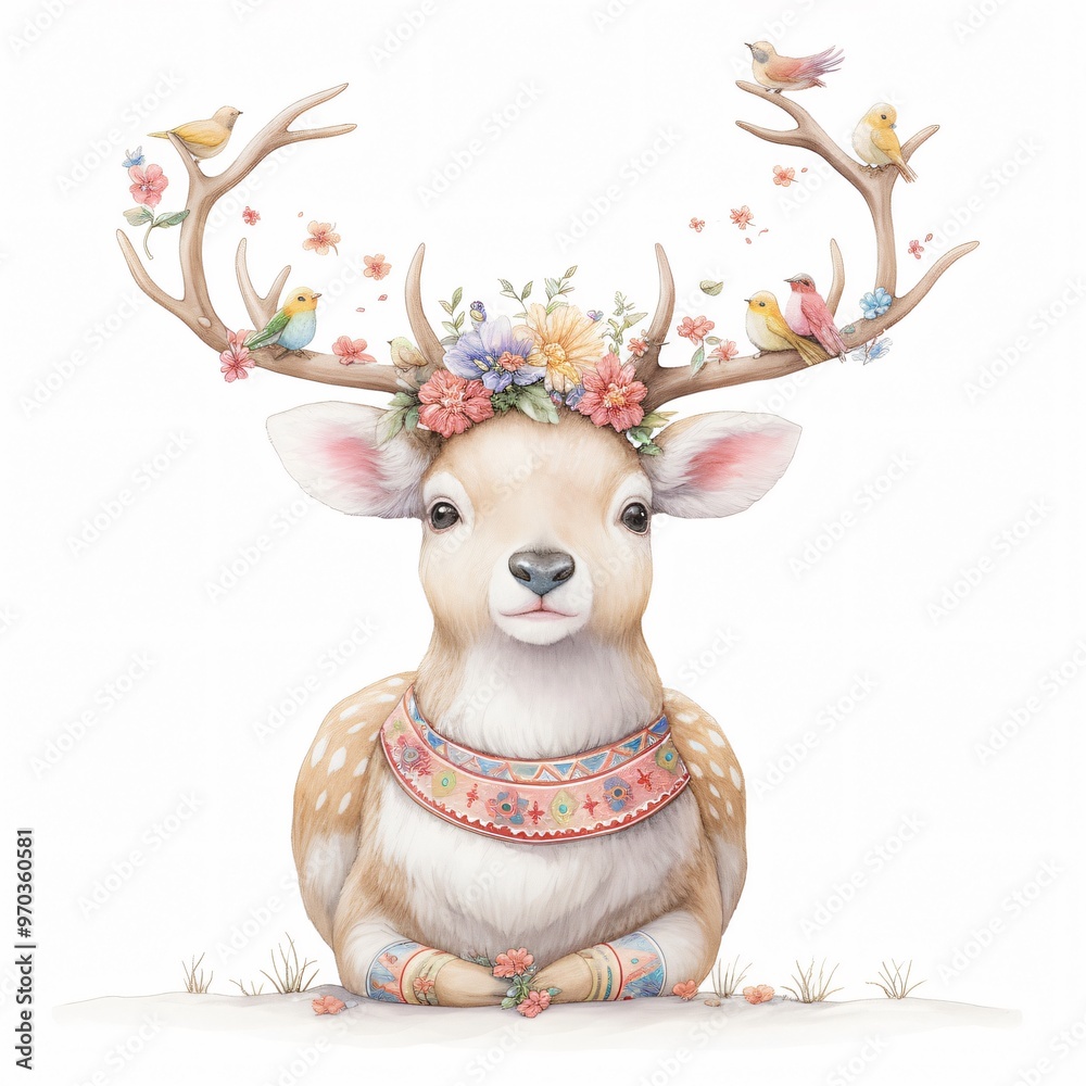 Fototapeta premium Flower Deer Clipart, Reindeer, Cute Deer, Printable Watercolor clipart, High Quality JPGs, Digital download, Paper craft, junk journal