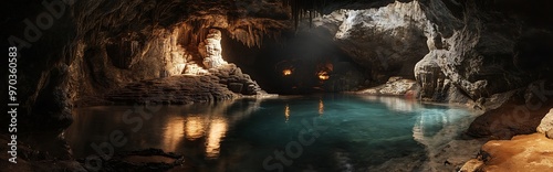 A serene cave pool, illuminated by a shaft of light, with intricate rock formations and stalactites hanging from the ceiling. photo