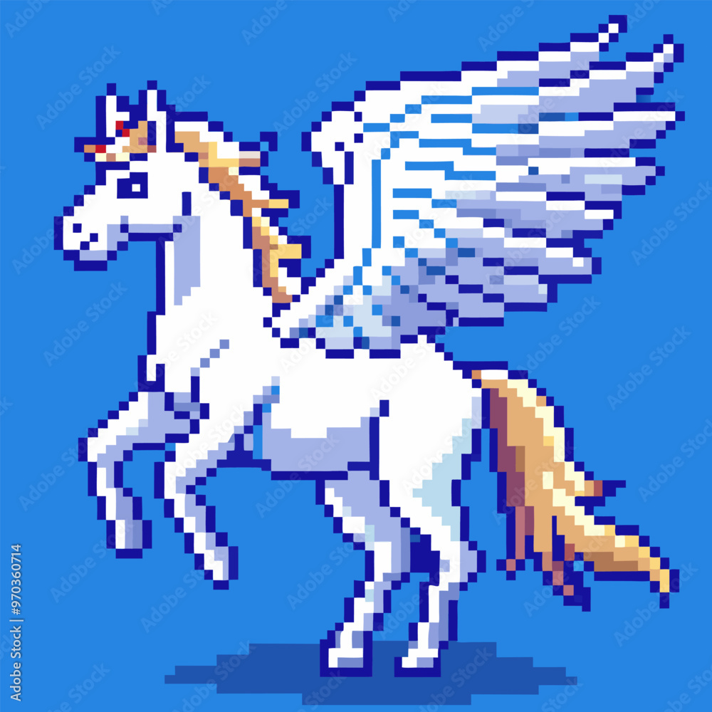 Pixel Art Pegasus with Wings in Retro Video Game Style on Blue Background Pixel Art Pegasus with Wings in Retro Video Game Style on Blue Background