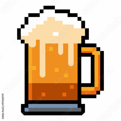 Retro Pixel Art Beer Mug   Nostalgic 8 Bit Style Beverage Icon with Foam and Handle