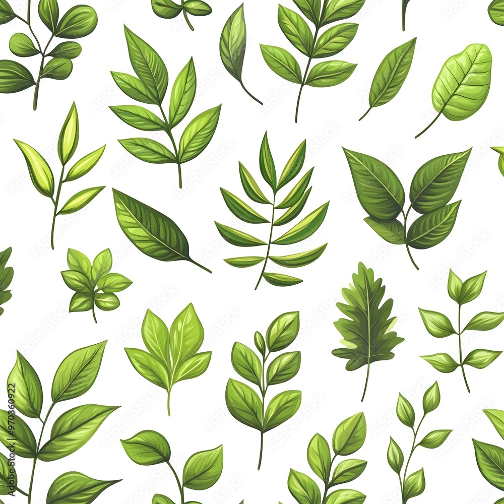 Seamless Natural Foliage Pattern with Fresh and Vibrant Green Leaves on a Clean White Background Seamless Natural Foliage Pattern with Fresh and Vibrant Green Leaves on a Clean White Background