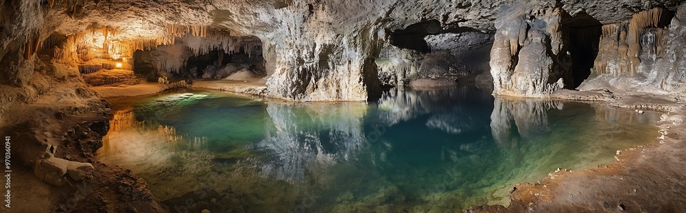 A cavernous space with a calm pool of water reflecting the surrounding stalactites. A cavernous space with a calm pool of water reflecting the surrounding stalactites.