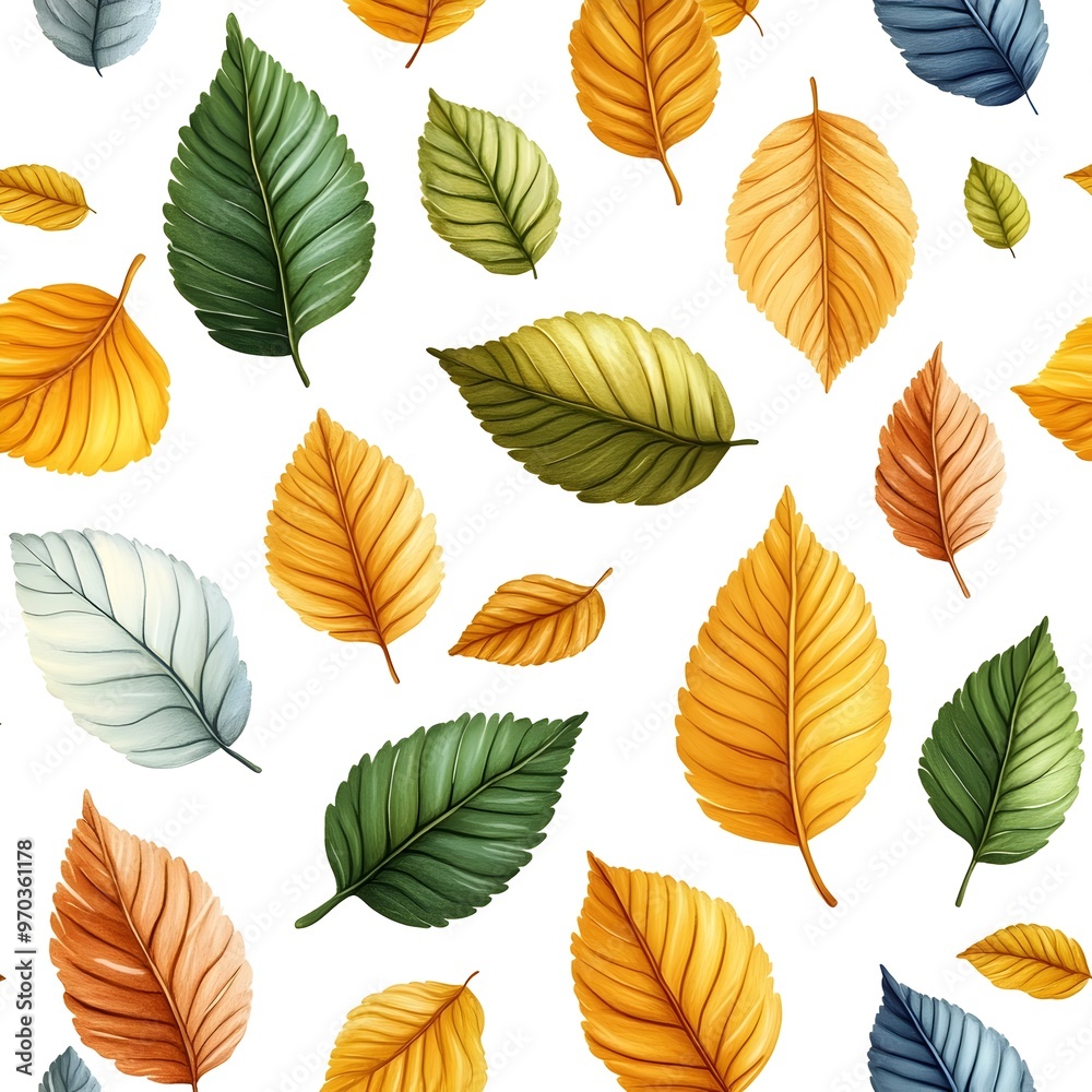 Seamless pattern with fresh and vibrant natural leaves in different autumn colors on white background Seamless pattern with fresh and vibrant natural leaves in different autumn colors on white background