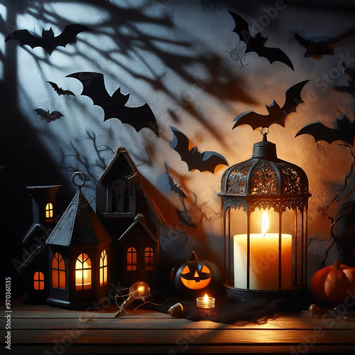 Halloween background with pumpkins and full moon. Vector illustration.
