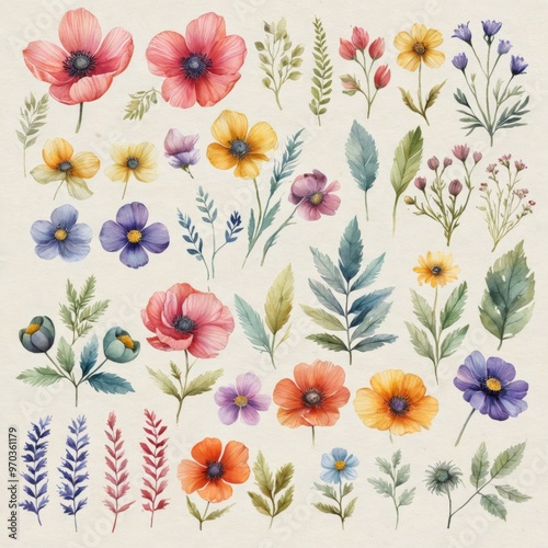 Collection colorful illustrations various types flowers plants T