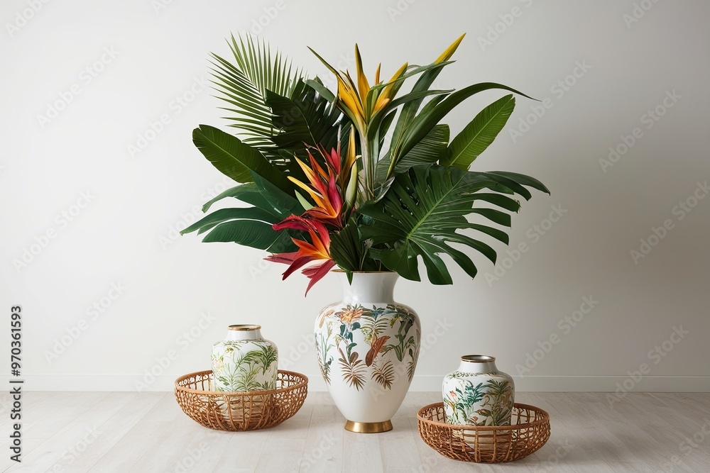 Fototapeta premium Vibrant Tropical Floral Arrangements in Chic Designer Vase on Clean Canvas