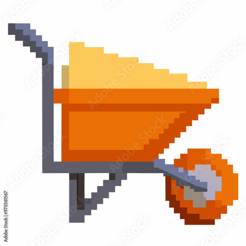 Retro Pixel Art Wheelbarrow with Orange Bucket and Single Wheel
