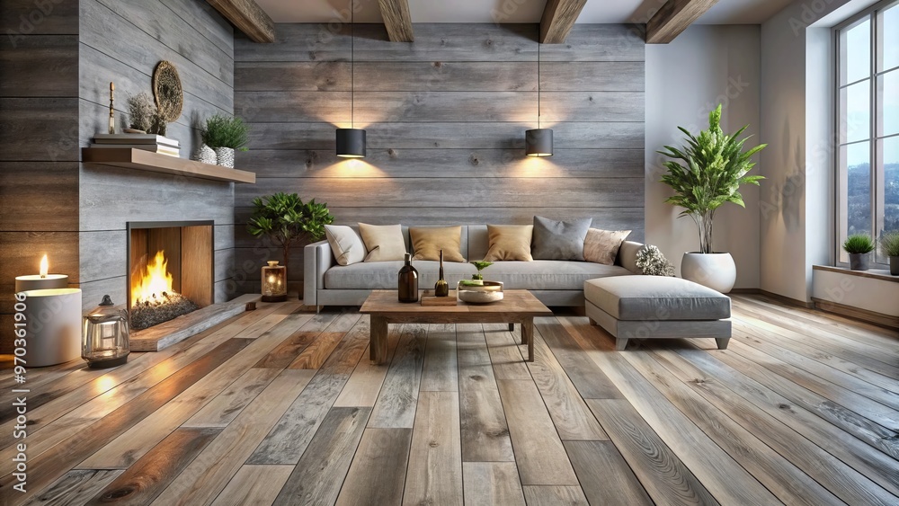 Obraz premium Rugged wooden floor planks weathered to a gentle grey, infusing the space with a sense of warmth and