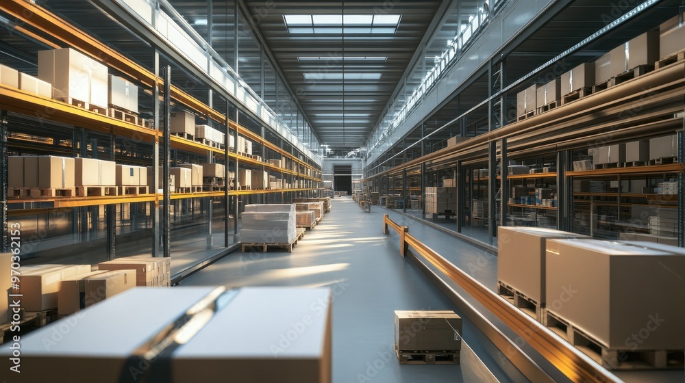 A large warehouse with high shelves filled with cardboard boxes and a conveyor belt in the middle.