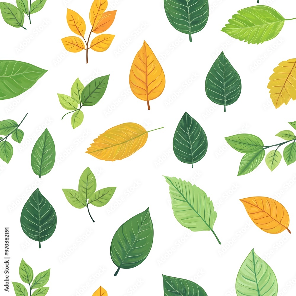 Organic Seamless Pattern with Variety of Fresh Green and Autumn Leaves on White Background Organic Seamless Pattern with Variety of Fresh Green and Autumn Leaves on White Background
