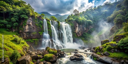 Scenic waterfall tumbles down rocky cliffs, surrounded by a verdant oasis of lush greenery, creating a misty veil photo