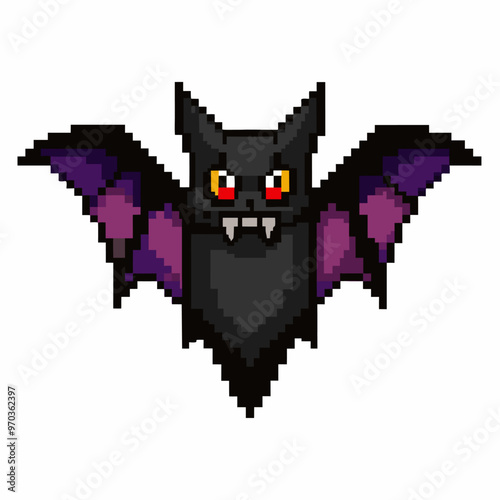 Pixel Art Bat with Red Eyes and Purple Wings Isolated on White Background