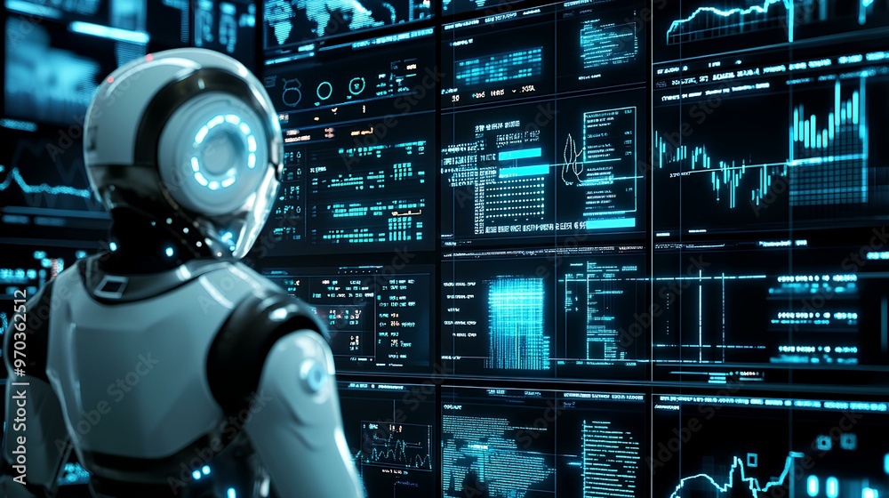 Graphical dashboard of a robot executing stock trades, with multiple financial indicators on screen Graphical dashboard of a robot executing stock trades, with multiple financial indicators on screen