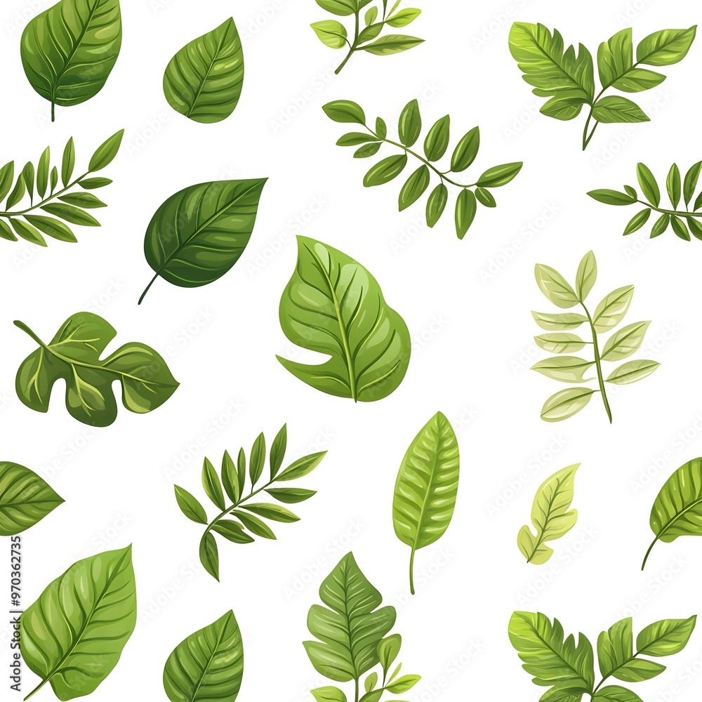 Seamless natural pattern with various fresh and vibrant green leaves on a white background Seamless natural pattern with various fresh and vibrant green leaves on a white background
