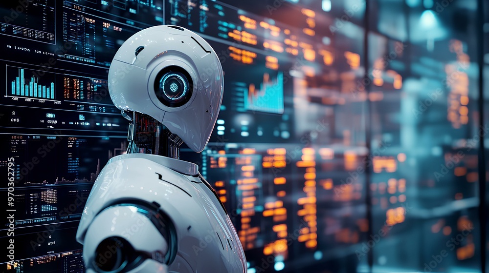 A robot managing financial transactions through algorithmic trading programs, represented on a digital interface