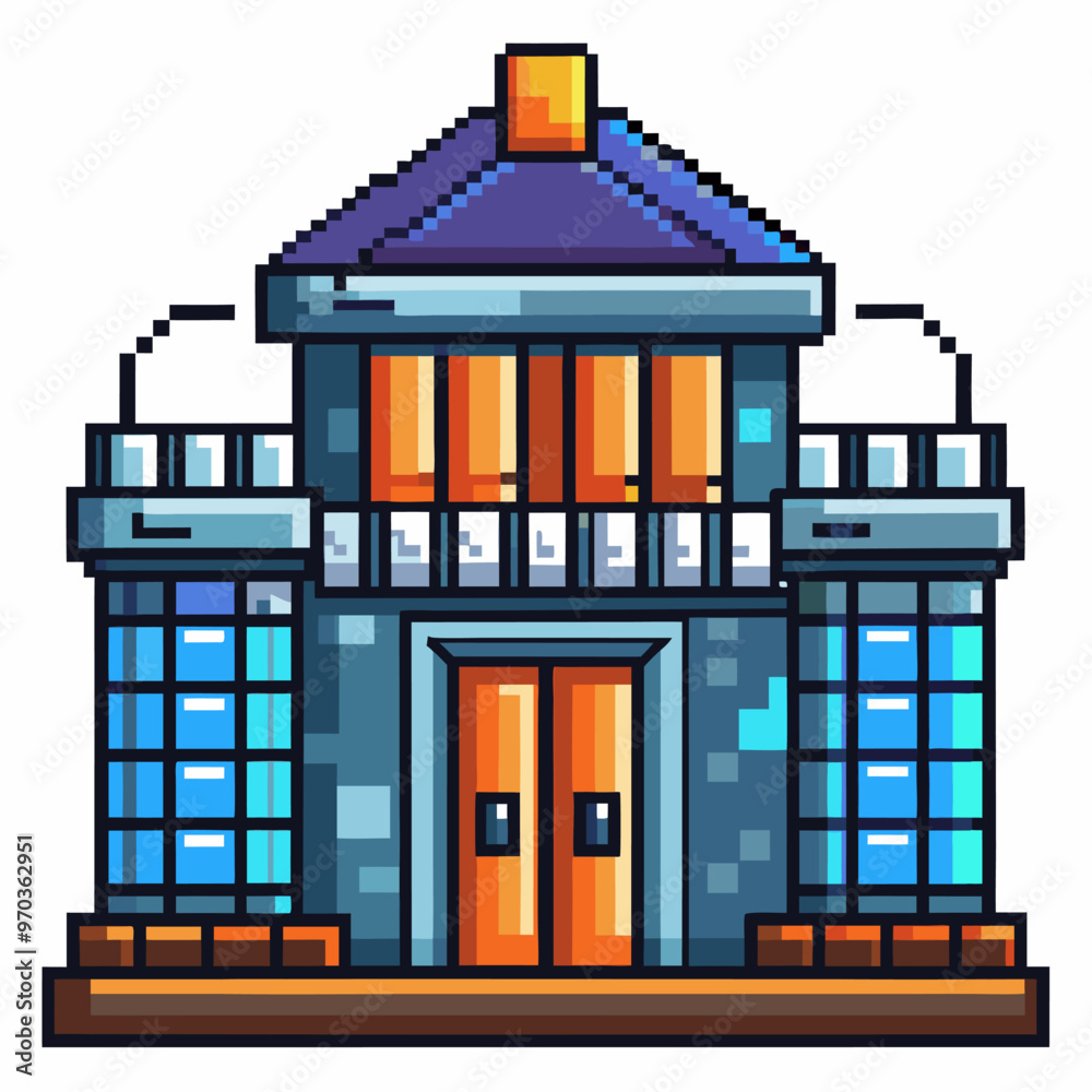 Colorful Pixel Art House with Blue Roof and Symmetrical Design Colorful Pixel Art House with Blue Roof and Symmetrical Design