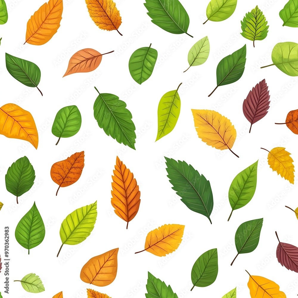 Seamless Natural Pattern with Vibrant Autumnal Leaves on Bright White Background Seamless Natural Pattern with Vibrant Autumnal Leaves on Bright White Background