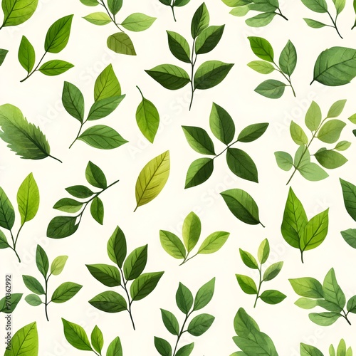 Seamless Pattern of Natural and Fresh Various Leaves on White Background
