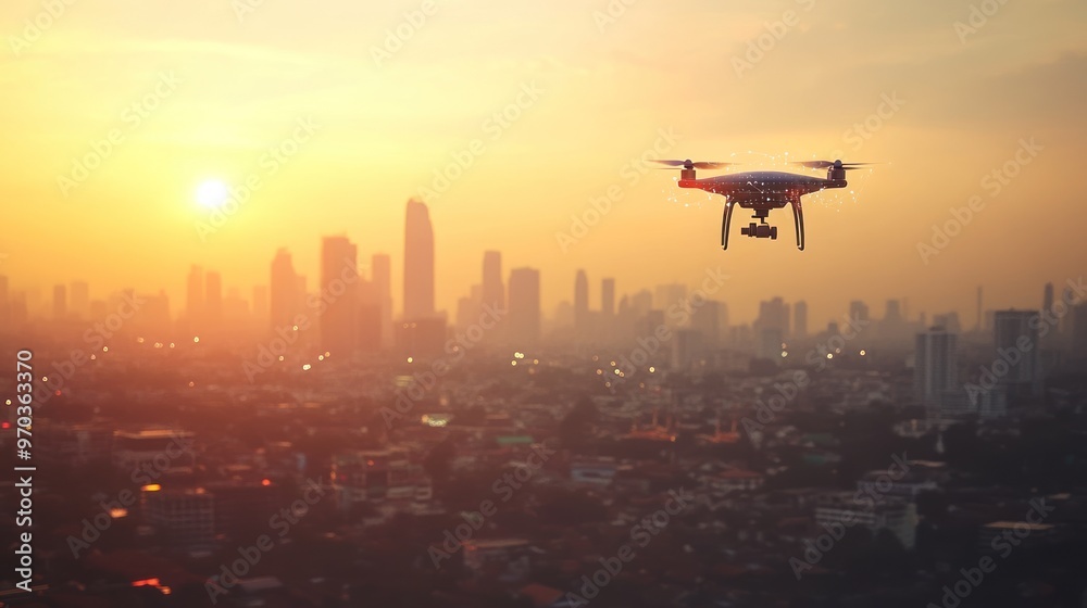 Drone Flying Over City at Sunset Drone Flying Over City at Sunset