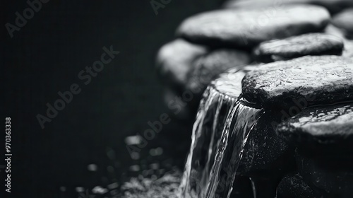 Minimalist black-and-white waterfall cascading over smooth, dark rocks, waterfall cascade, modern nature aesthetic photo