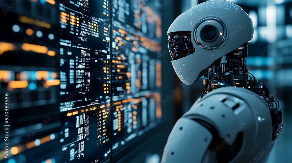 A robotic program trading platform operating automatically within a stock exchange, visualized in a digital space A robotic program trading platform operating automatically within a stock exchange, visualized in a digital space