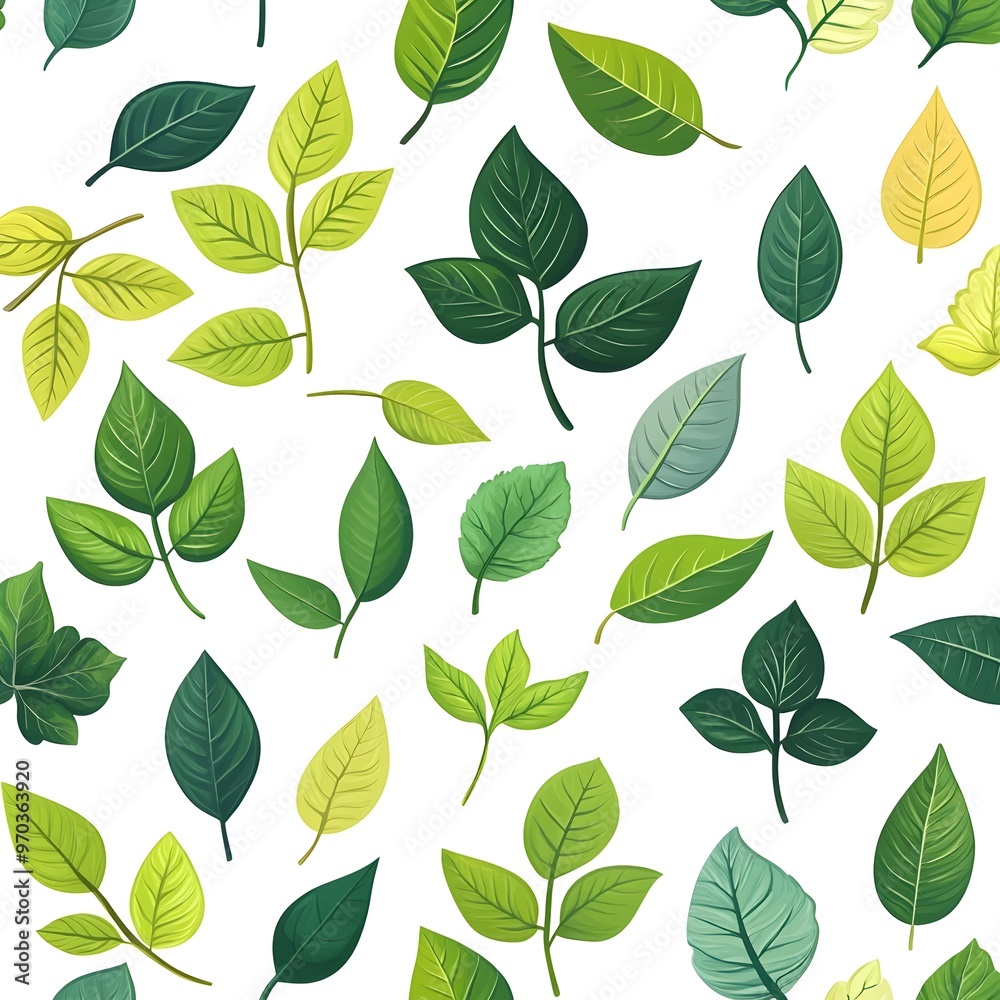 Seamless Pattern of Various Fresh and Natural Leaves on White Background Seamless Pattern of Various Fresh and Natural Leaves on White Background