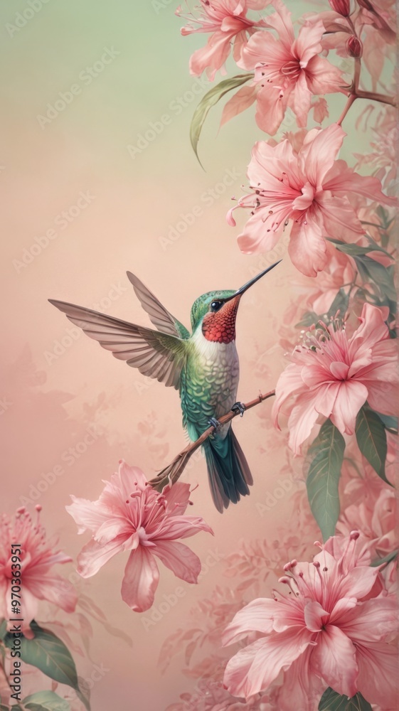 Obraz premium Digital illustration hummingbird perched branch pink flowers fac
