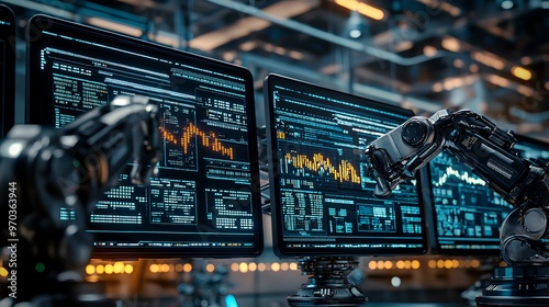 Close-up of robotic arms managing a series of computer screens displaying fluctuating stock prices