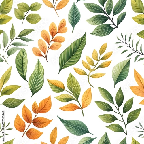 Seamless Pattern of Various Fresh and Natural Leaves on White Background