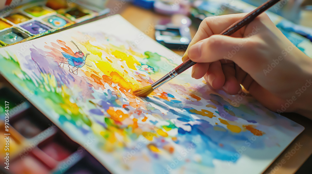 A vibrant watercolor painting process, showcasing hand painting techniques with colorful strokes on textured paper. A vibrant watercolor painting process, showcasing hand painting techniques with colorful strokes on textured paper.
