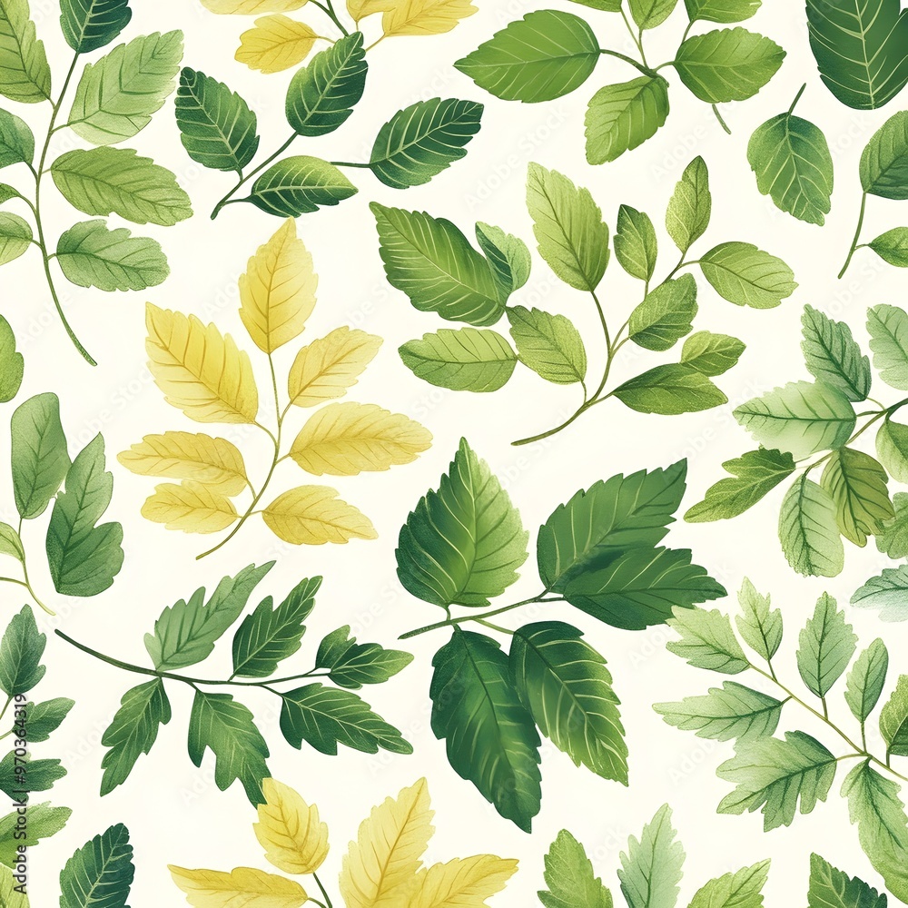 Seamless natural pattern with vibrant green and yellow leaves on white background Seamless natural pattern with vibrant green and yellow leaves on white background