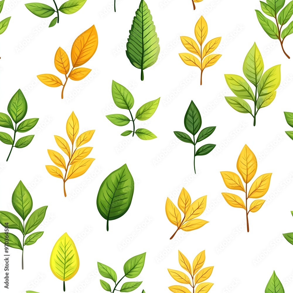 Seamless natural pattern with vibrant green  yellow  and orange leaves on fresh white background