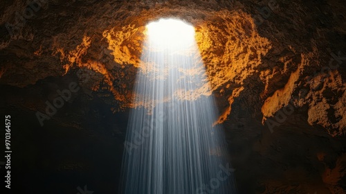 Waterfall cascading into an underground cavern, illuminated by natural skylight, waterfall cascade, hidden nature aesthetic photo