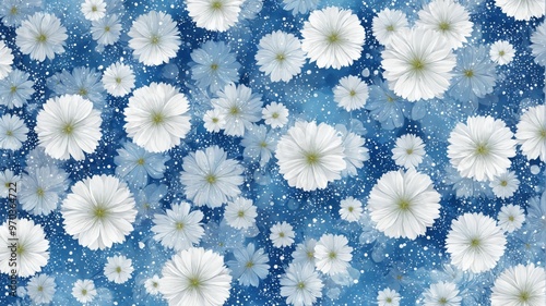 Digital illustration blue background white flowers scattered thr photo