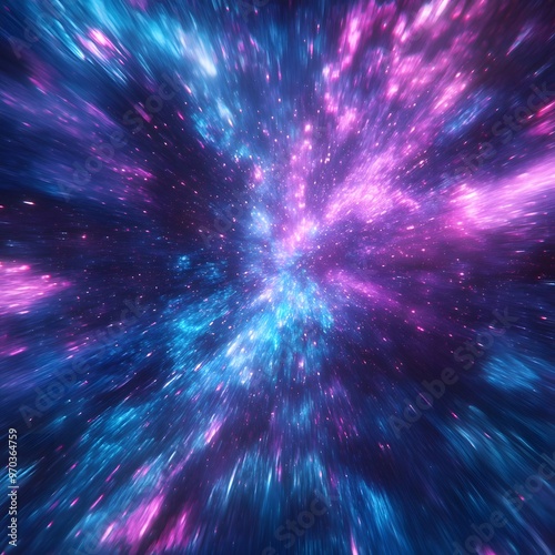 Abstract background blue and purple neon glow colors. Speed of light in galaxy. Explosion universe.