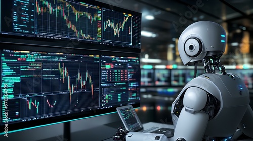 A robotic system running a series of stock trading simulations on multiple monitors, displaying market trends