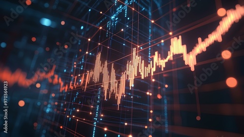 A financial network diagram integrated with robotic software calculating profit margins in stock trading